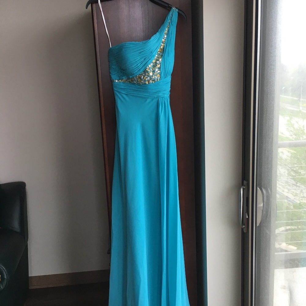Turquoise Blue One Shoulder Prom Dress